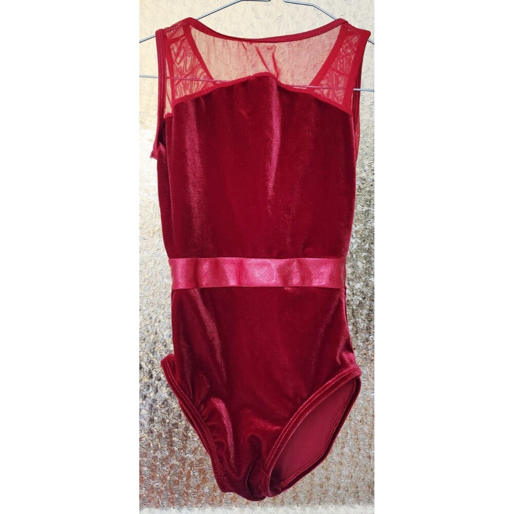 Girls 8/10 Red Velveteen Leotard Mesh Top Satin Waist Dance Costume Gymnastics
